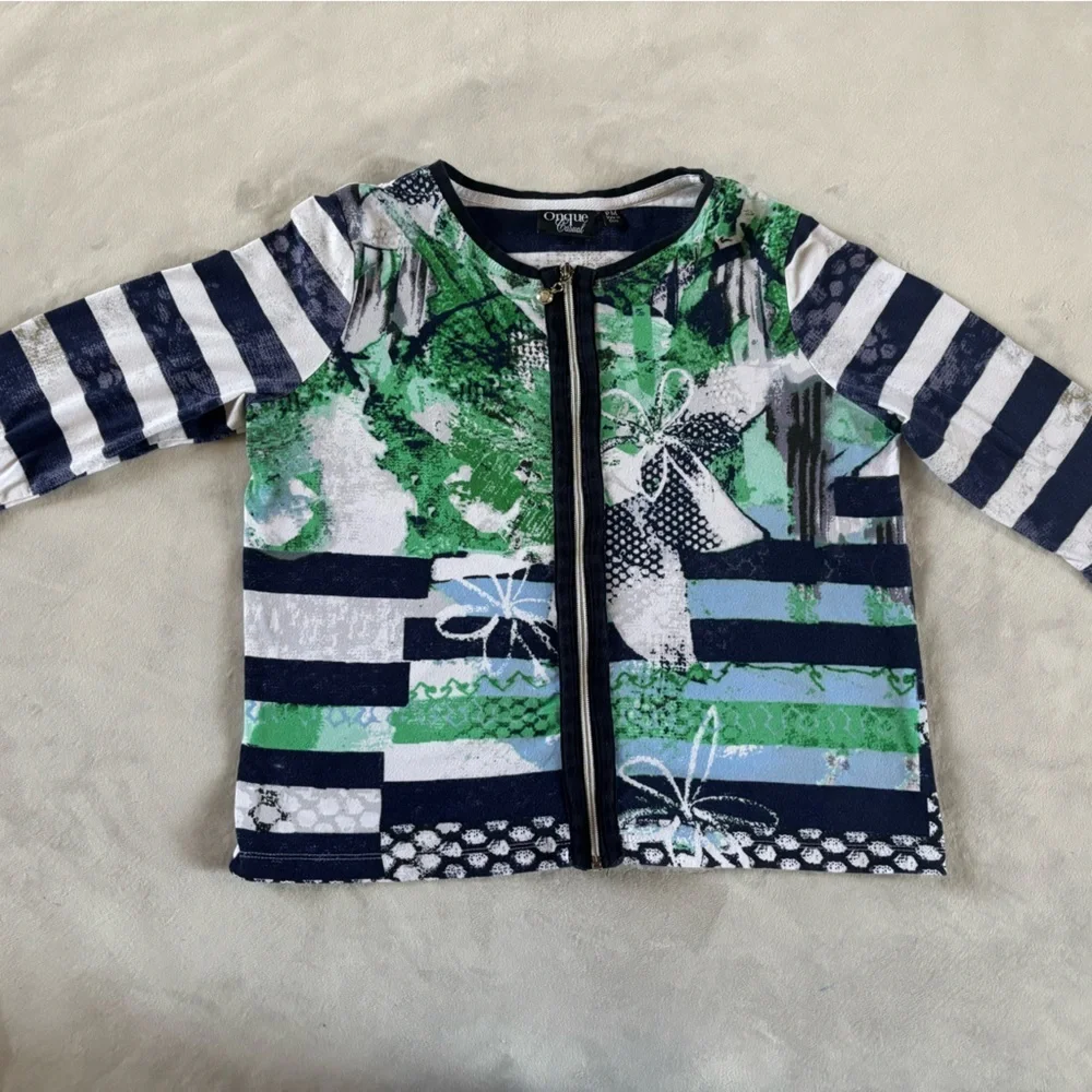 Onque Casual Zip Front Top Blue Green Stripe Floral Lightweight Jacket PM Y2K
